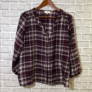 IVY Women's Button Down Plaid  Top- purple, white and black size Large